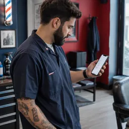 Barbero consultando su agenda en el teléfono