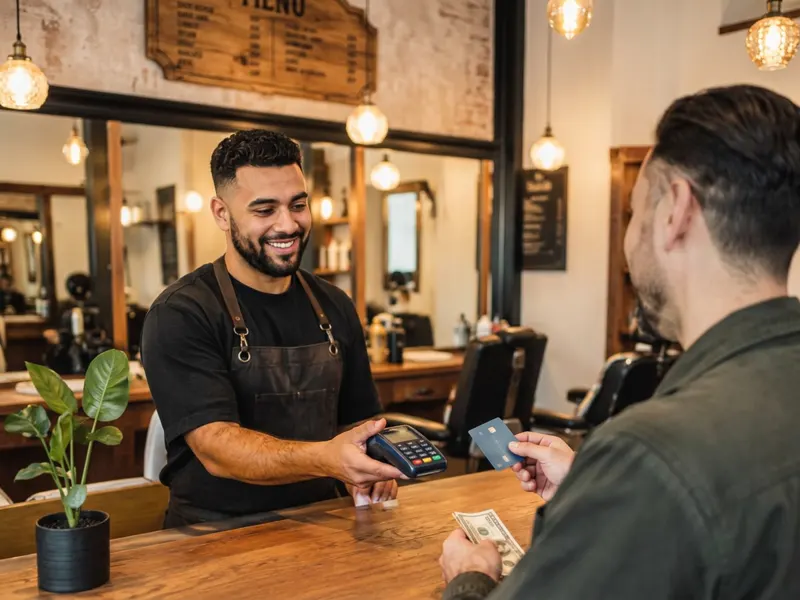 Cliente pagando en la caja de la barbería con tarjeta