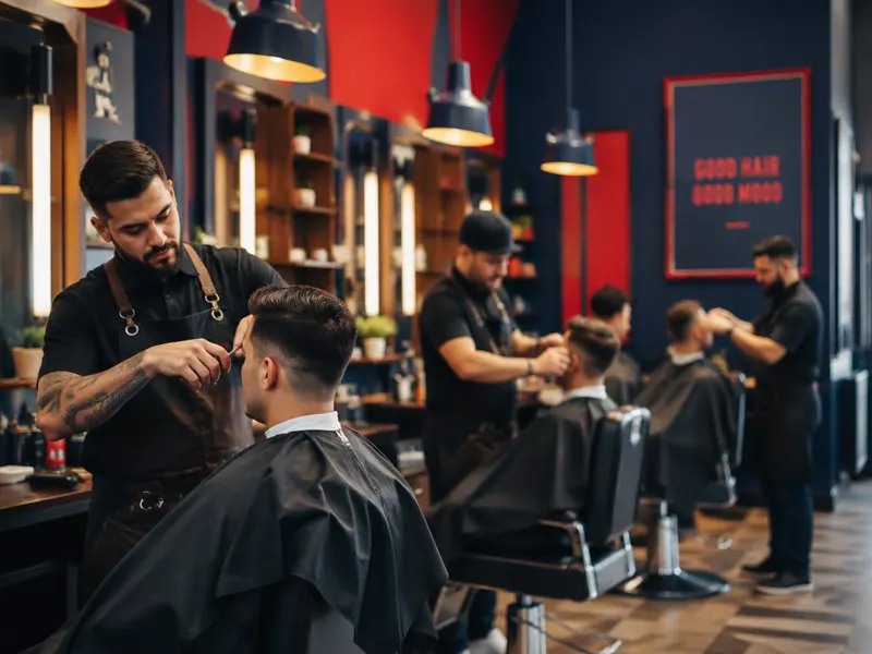 Barbero atendiendo a un cliente mientras su equipo trabaja en la barbería