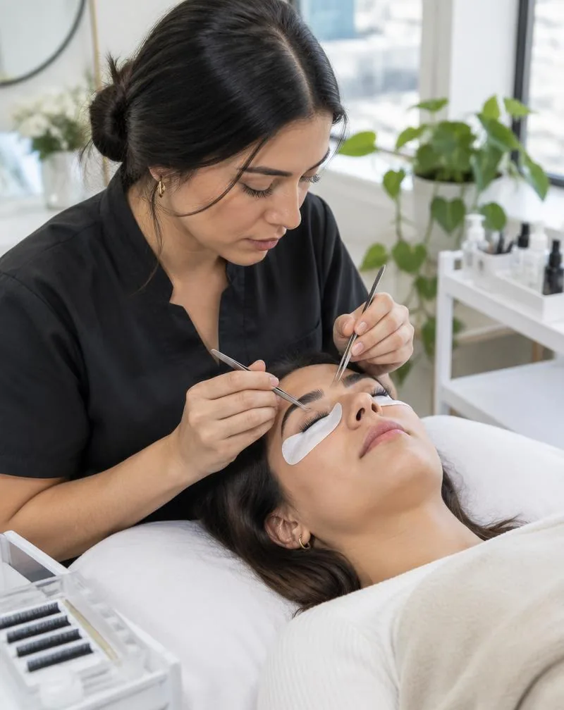 Profesional aplicando extensiones de pestañas a una clienta
